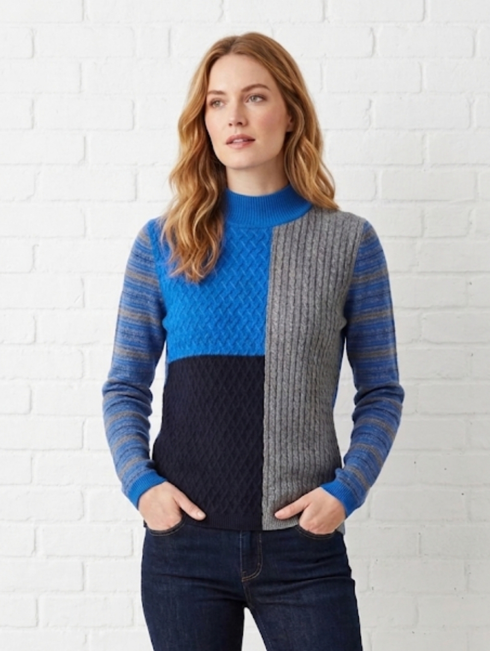 Edinburgh Knitted Mock Neck Patchwork Sweater Women's Size Small Blue Gray